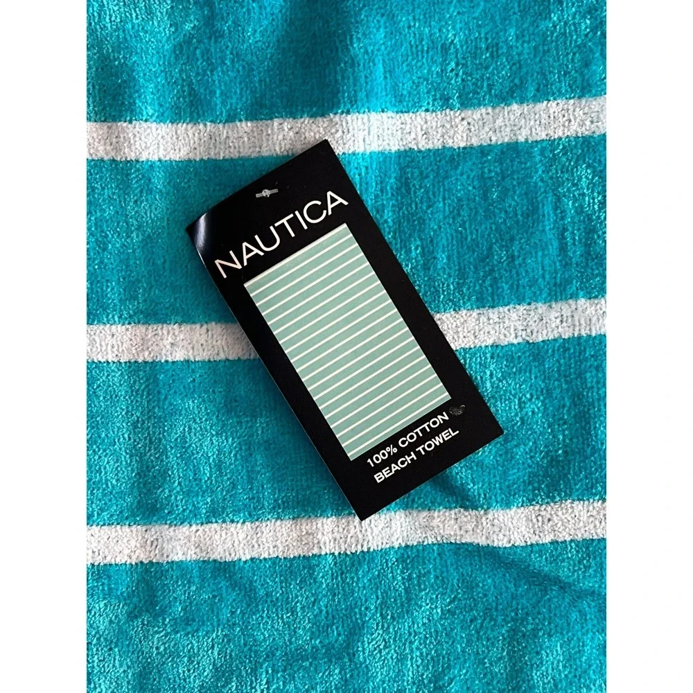 Nautica‎ Beach Towel Teal White Striped 100% Cotton Brand New NWT Nautical